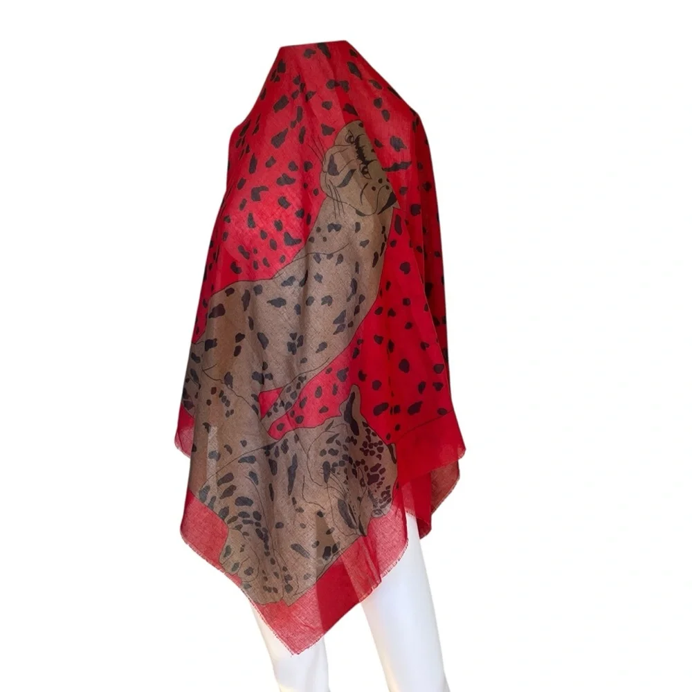 Vintage Large Square Scarf Red Cheetah Print Maximalist Colorful Raw Hem